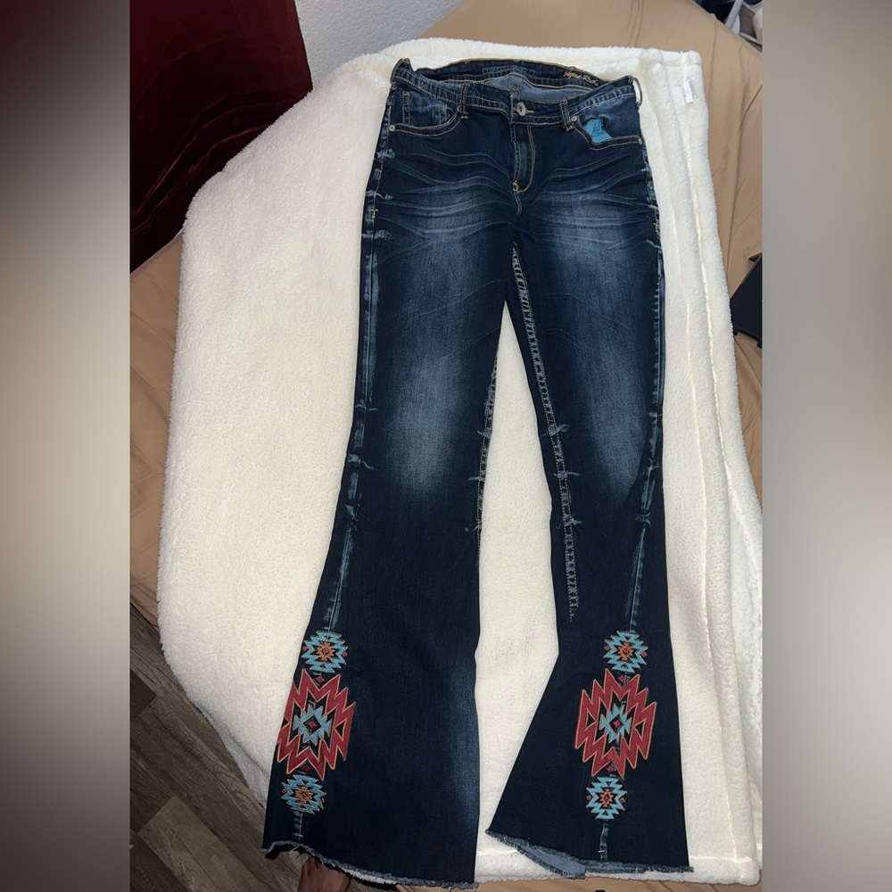 Cowgirl Tuff Blue Flare Jeans with Red Embroidery